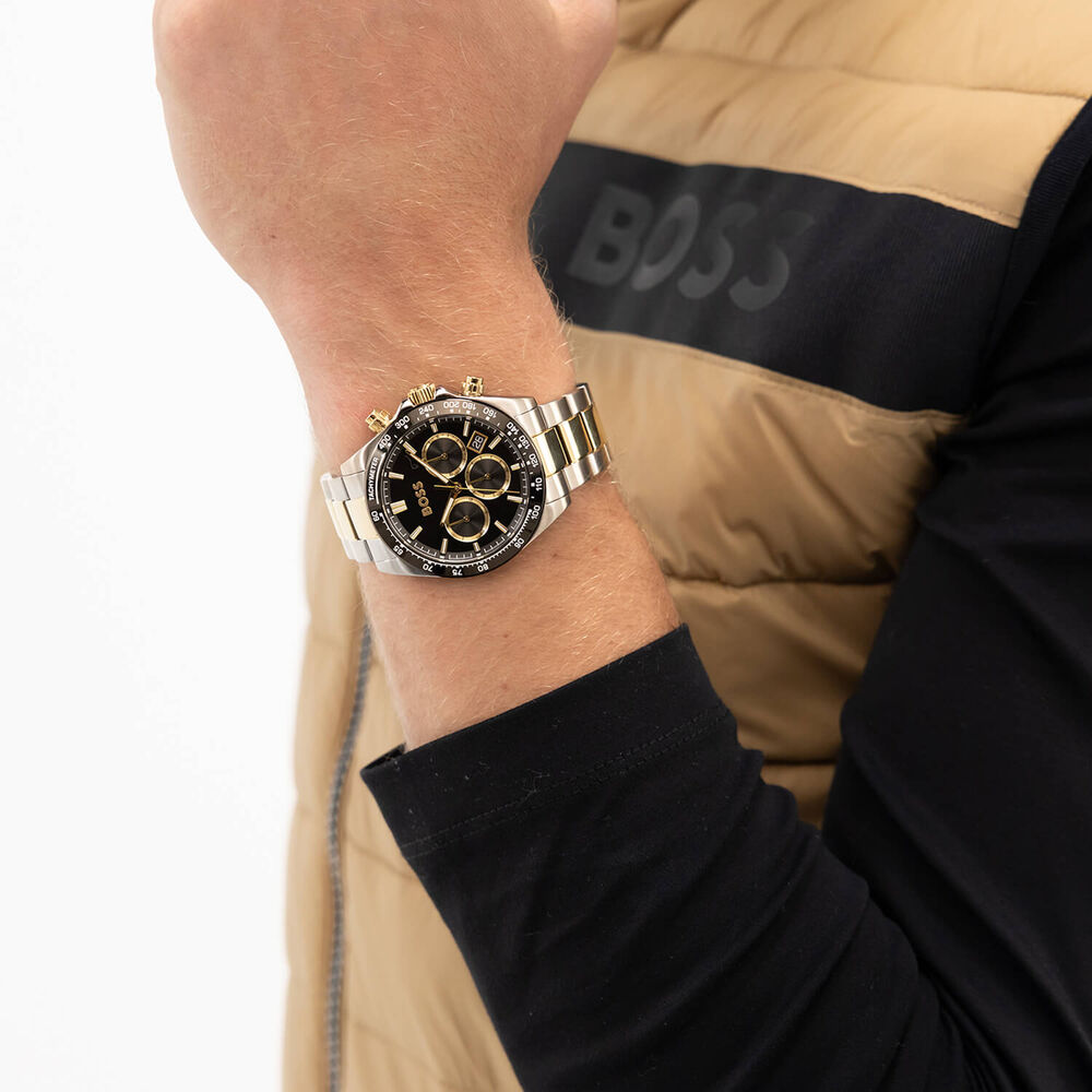 BOSS Hero 2.0 Chronograph 43mm Black Dial Two Tone Steel Bracelet Watch image number 4