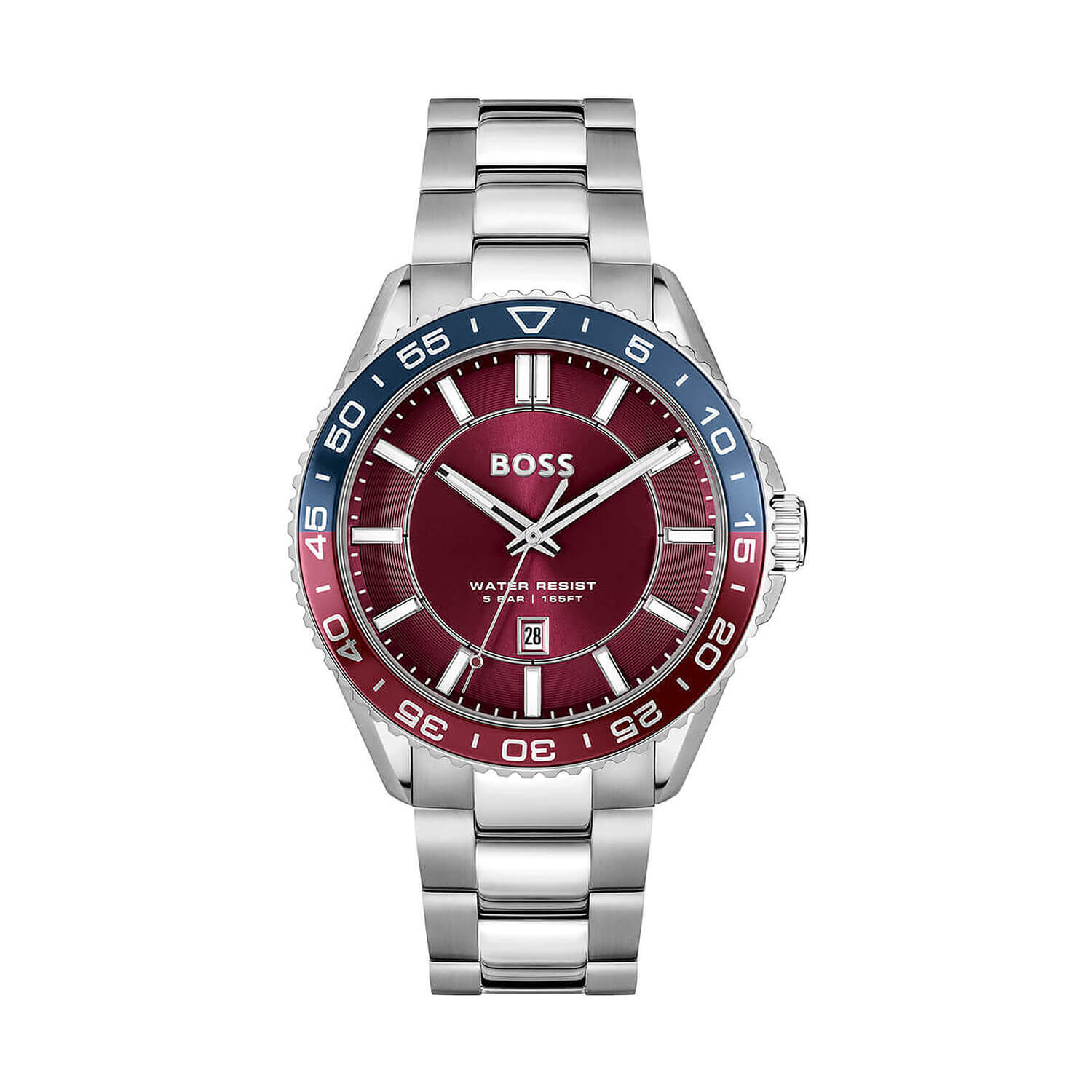 BOSS Runner 43mm Burgundy Dial Bezel Stainless Steel Bracelet Watch