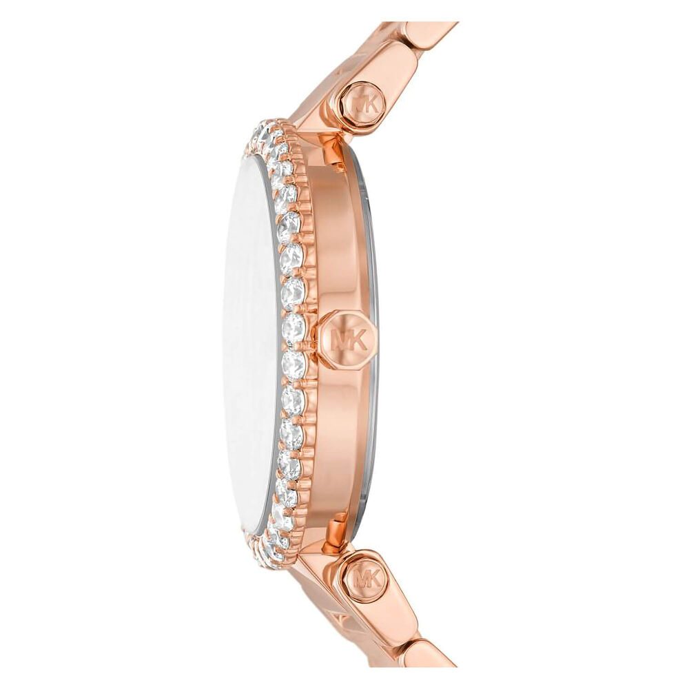 Michael Kors Parker Lux 39mm Silver Dial Cubic Zirconia Bezel Rose Gold PVD Case Watch
