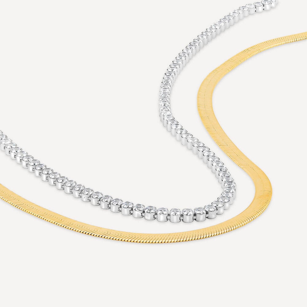 Sterling Silver & Yellow Gold Plated Double Herringbone Cubic Zirconia Tennis Necklet image number 3