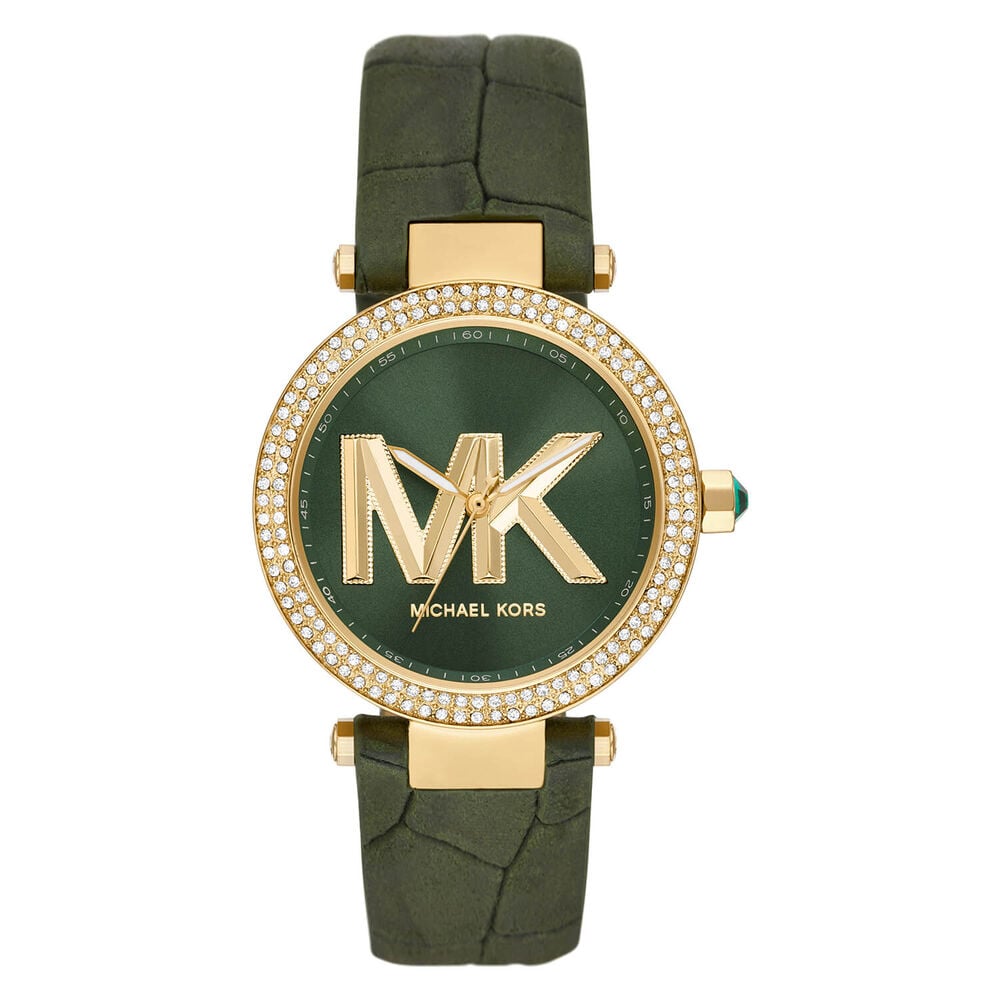 Michael Kors Parker 39mm Green Dial Yellow Gold IP Case Green Leather Strap Watch image number 0