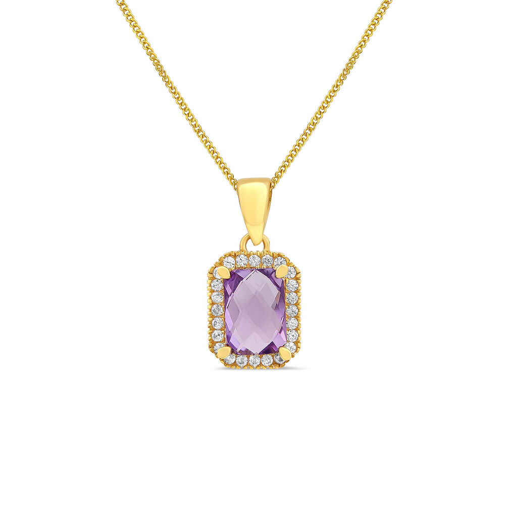 9ct Yellow Gold Rectangular Amethyst & Cubic Zirconia Frame Pendant image number 0