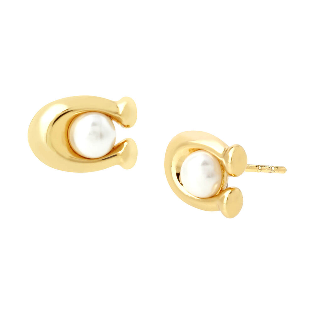 Coach Signature Gold Tone Brass Pearl Necklace & Earrings Set