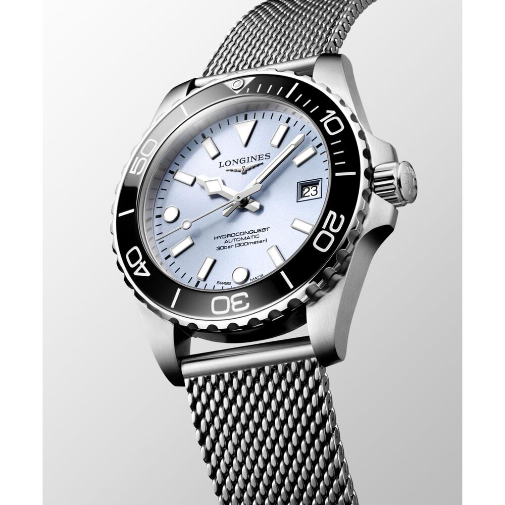 Longines HydroConquest 39mm Frosted Blue Dial Black Bezel Steel Mesh Bracelet Watch