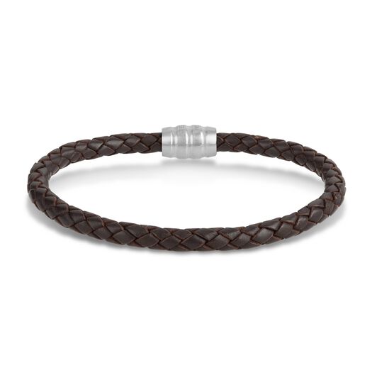 Steel & Brown Plaited Leather Men's Bracelet
