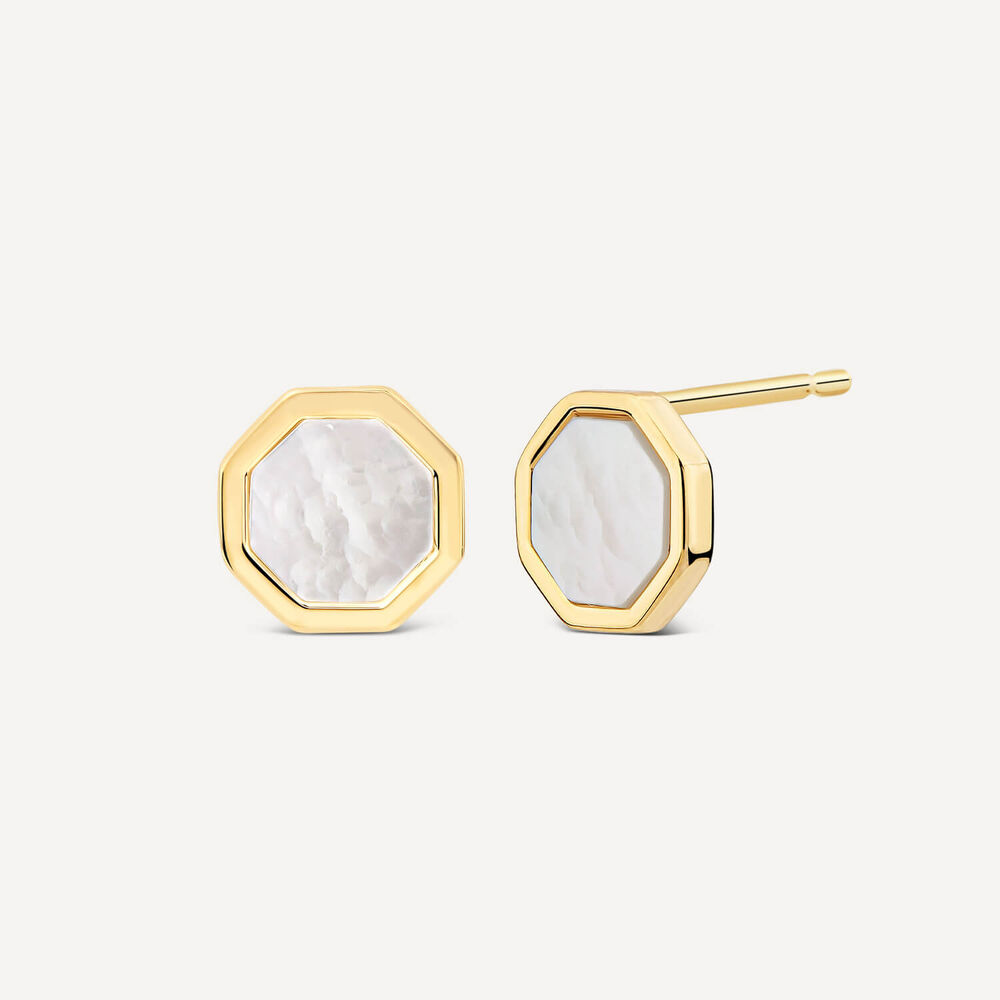 9ct Yellow Gold Hexagon Shaped Mother of Pearl Stud Earrings image number 1