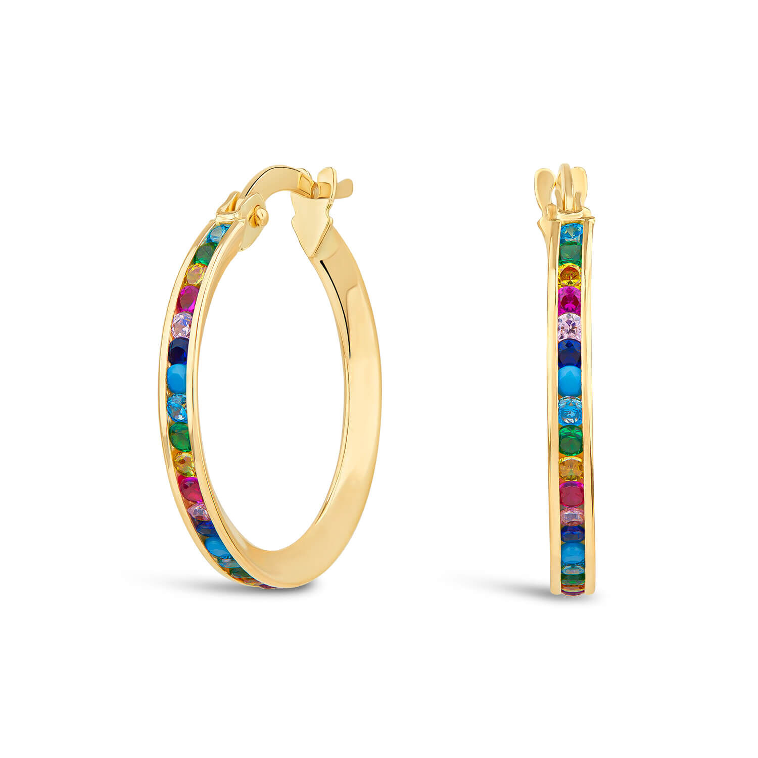 Gold hoop earrings with colored outlet stones