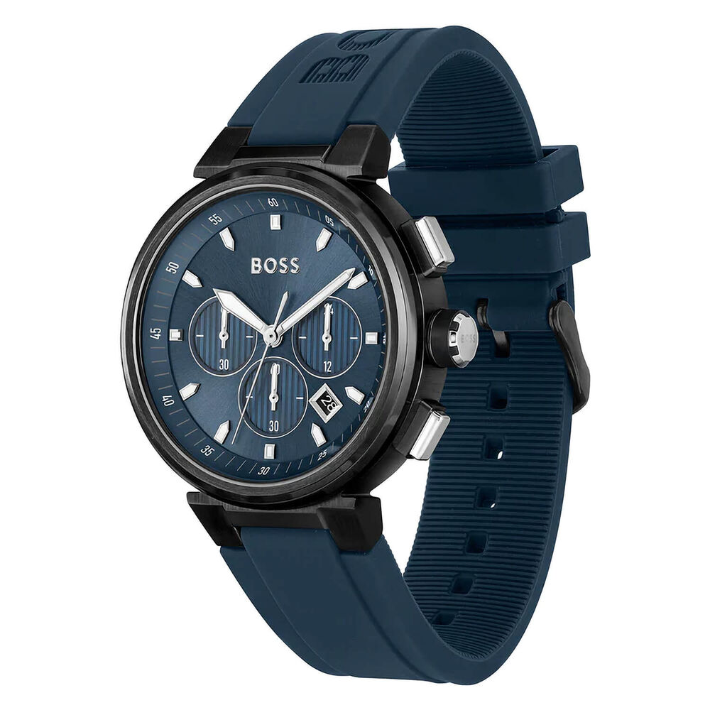 BOSS One 44mm Blue Dial Black Bezel Blue Rubber Strap Watch