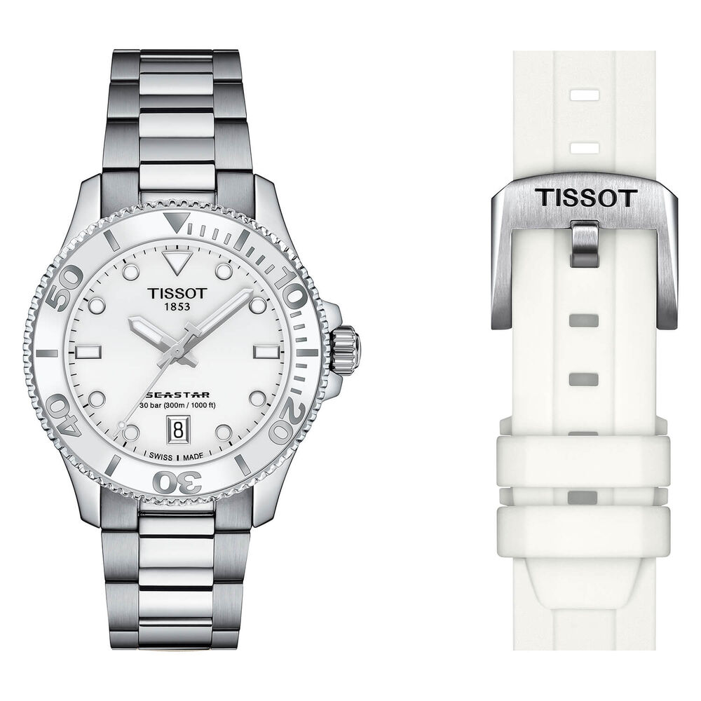 Tissot Seastar 1000 35.5mm Quartz White Dial Steel Case Steel & White Rubber Bracelet Set Watch image number 3