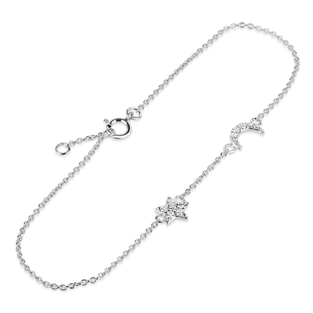 Sterling Silver Cubic Zirconia Moon & Star Bracelet image number 1