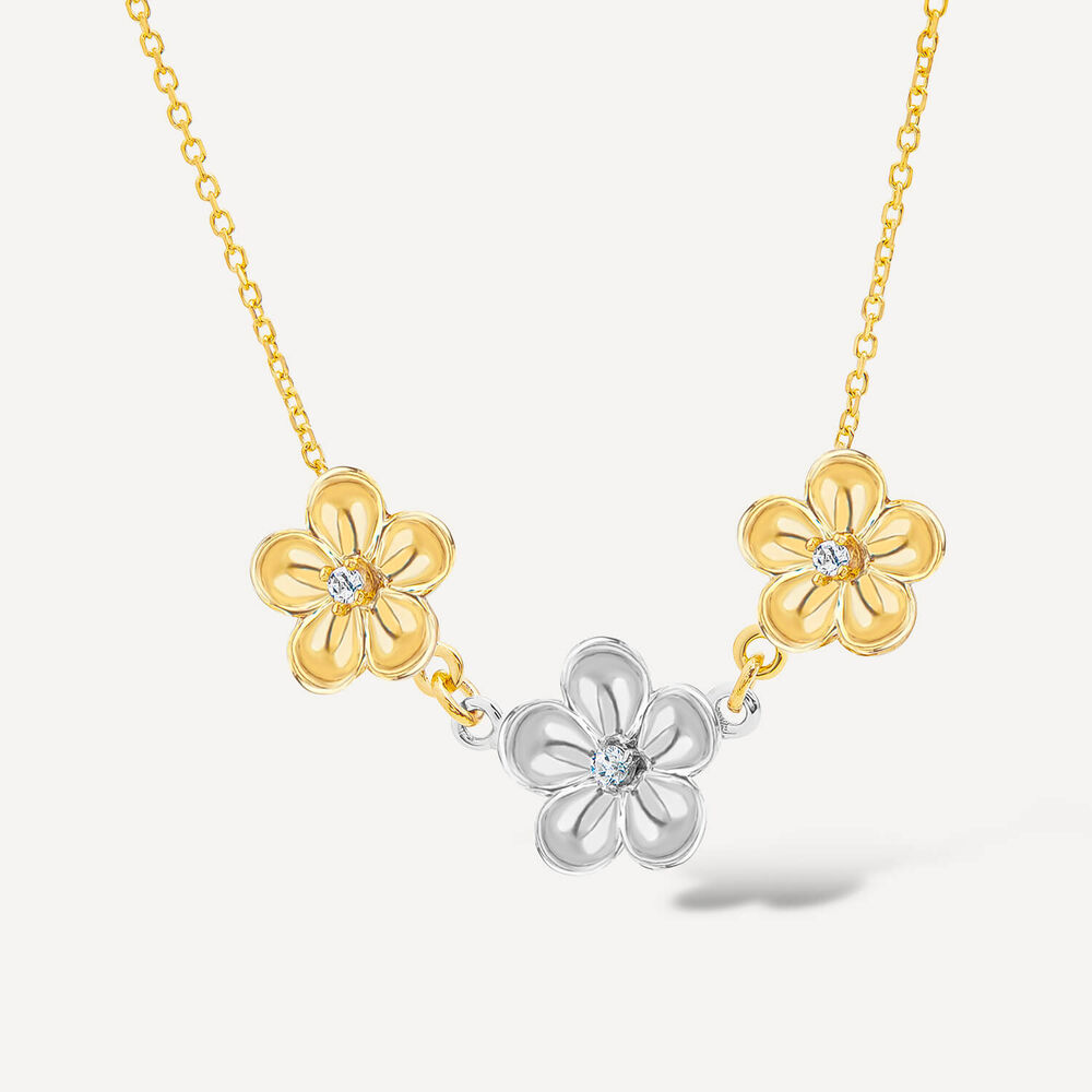 9ct White & Yellow Gold Cubic Zirconia Flower Set Necklet