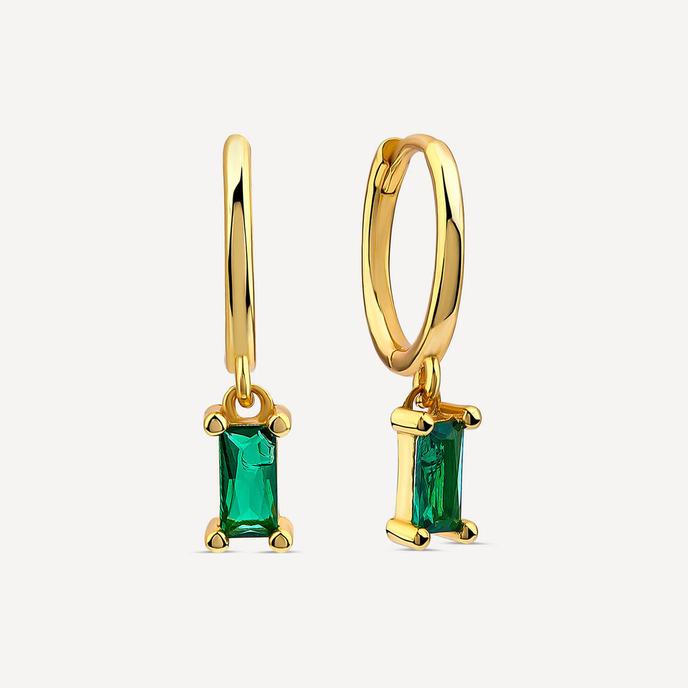 Yellow Gold Plated Sterling Silver Green Rectangular Stone Hoop Earrings