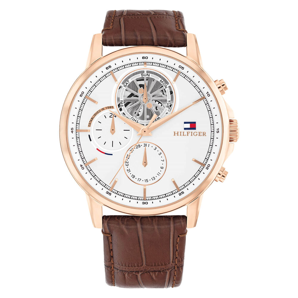 Tommy Hilfiger Chronograph 44mm White Dial Brown Leather Strap Watch