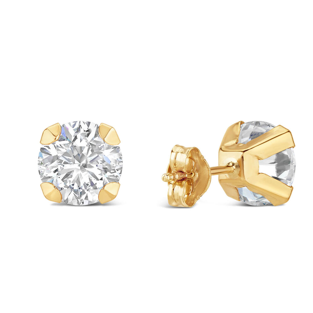 9ct Yellow Gold 7mm Four Claw Cubic Zirconia Stud Earrings image number 2