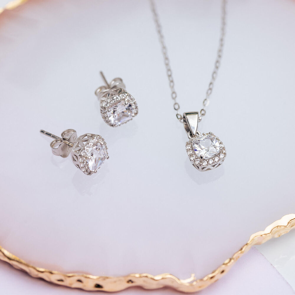 9ct White Gold Square Cubic Zirconia Halo Pendant (Chain Included) image number 2