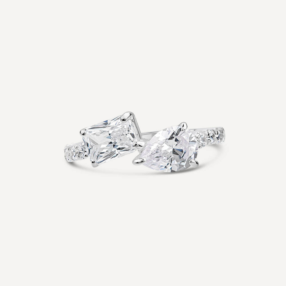 Sterling Silver Pear & Emerald Cut Cubic Zirconia Toi Et Moi Shoulders Ring image number 1