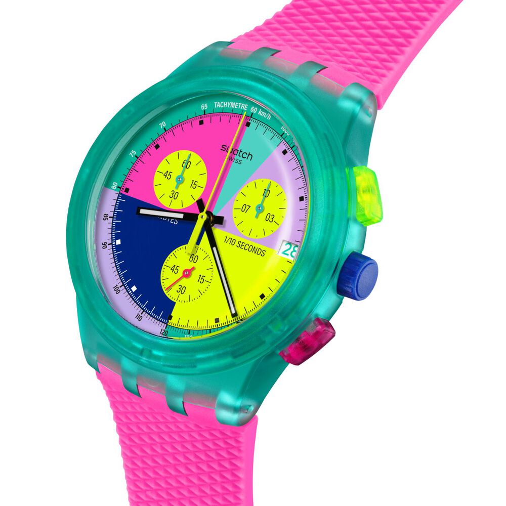 Swatch Neon Flash Arrow Chronograph 42mm Multi-Coloured Dial Pink Silicone Strap Watch image number 1