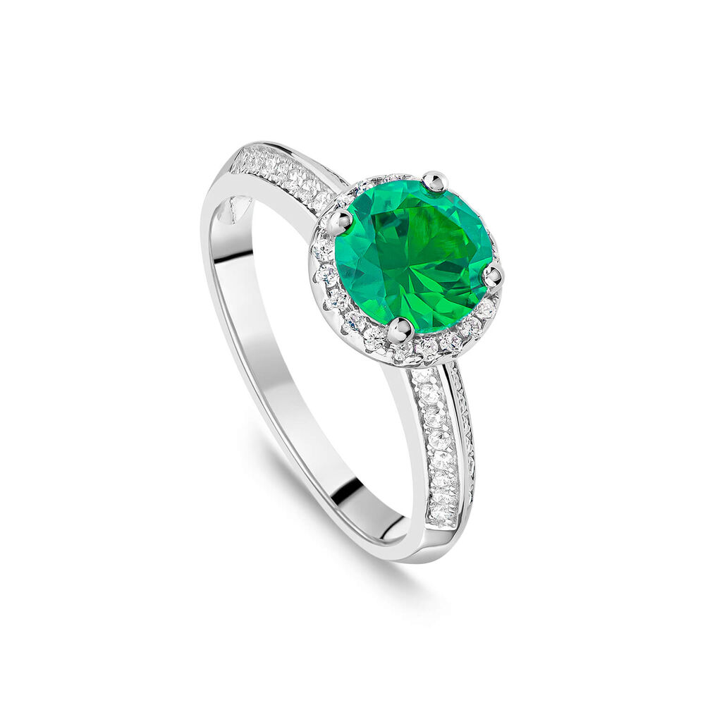Sterling Silver Green Centre Stone & Cubic Zirconia Shoulders Ring