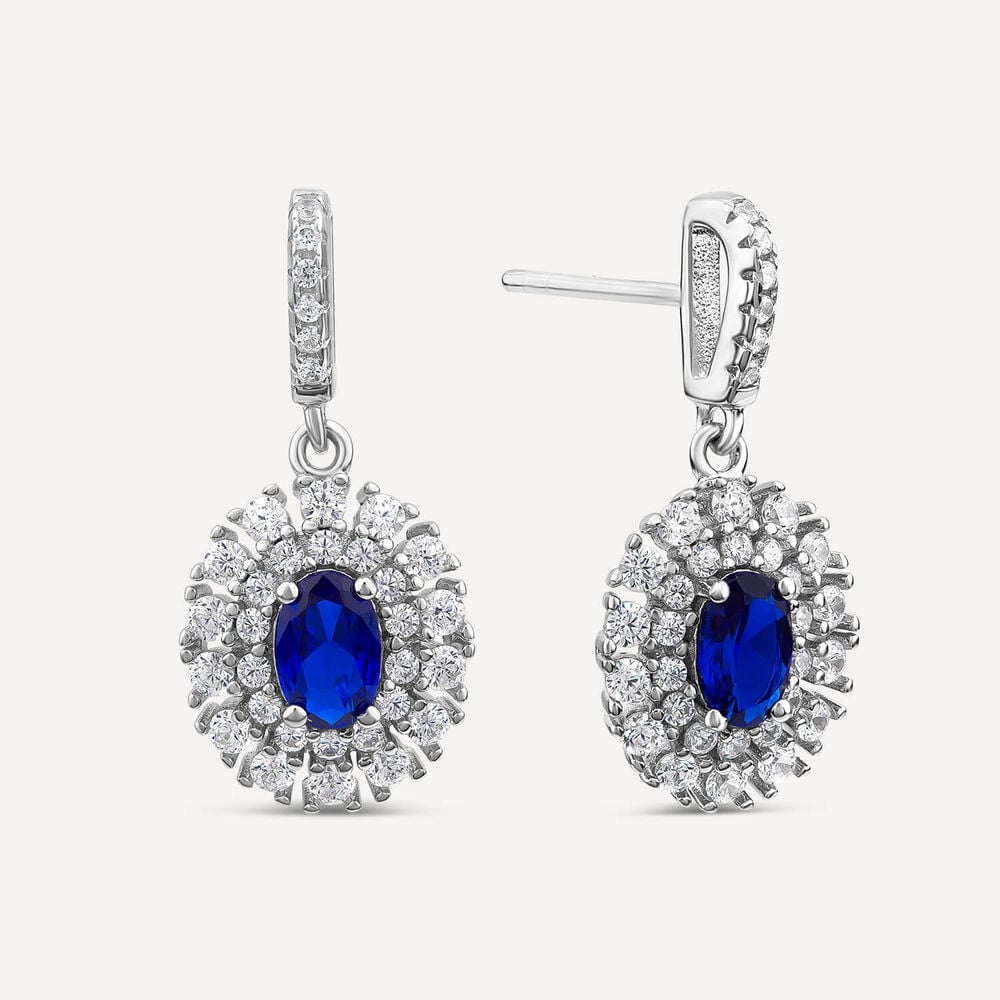 Sterling Silver Blue & White Cubic Zirconia Double Halo Drop Earrings