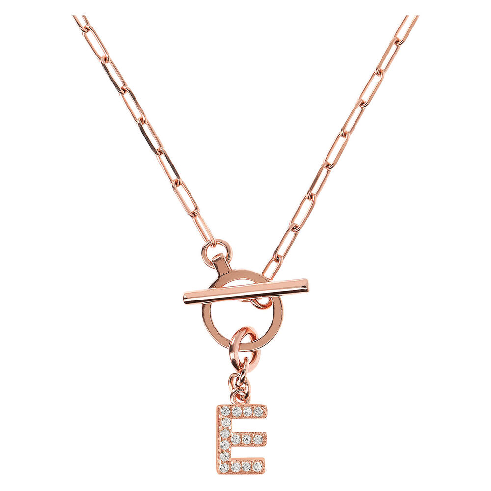 Bronzallure Mini Paper Link With Latter E Pave And T-Bar Necklace