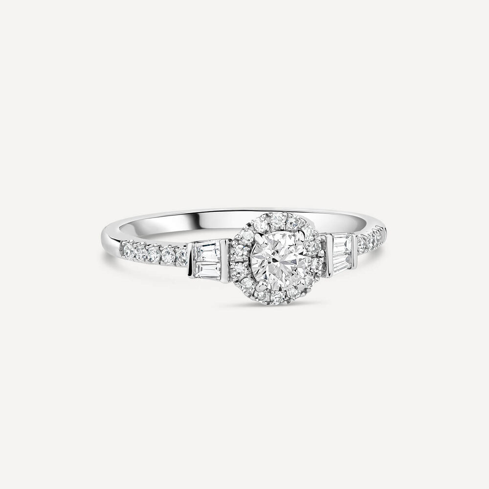 18ct White Gold 0.49ct Diamond Halo Baguette Shoulders Ring image number 2