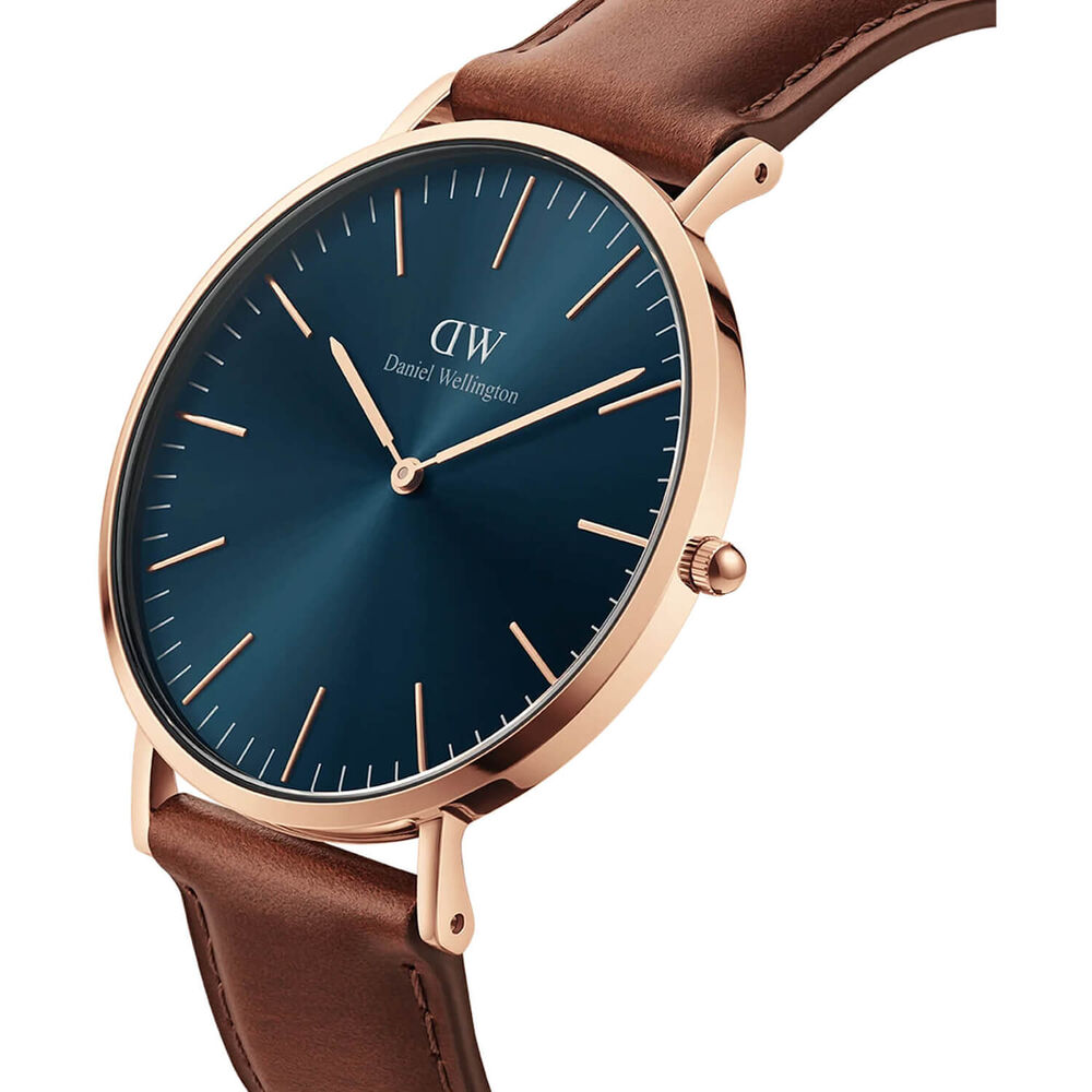 Daniel Wellington Classic St.Mawes 40mm Blue Dial Rose Gold Case Brown Strap Watch