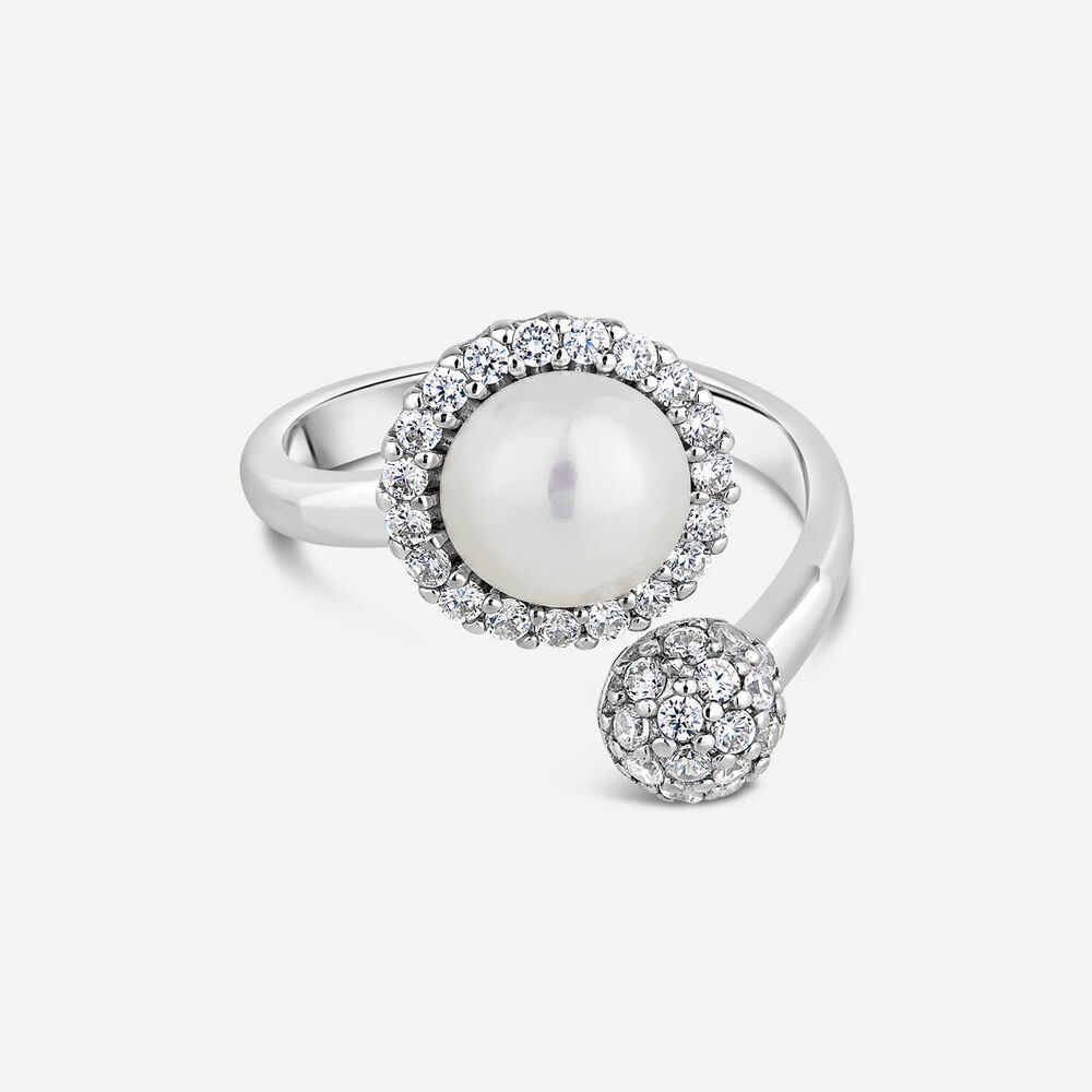 Sterling Silver Pearl With Cubic Zirconia Surround and Cubic Zirconia Ball Ring image number 2