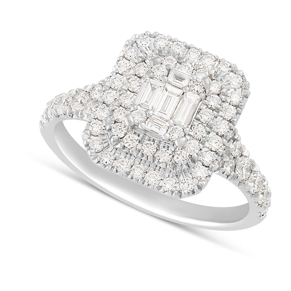 18ct White Gold 1.00 Carat Baguette and Round Brilliant Diamond Halo Cluster Ring image number 0