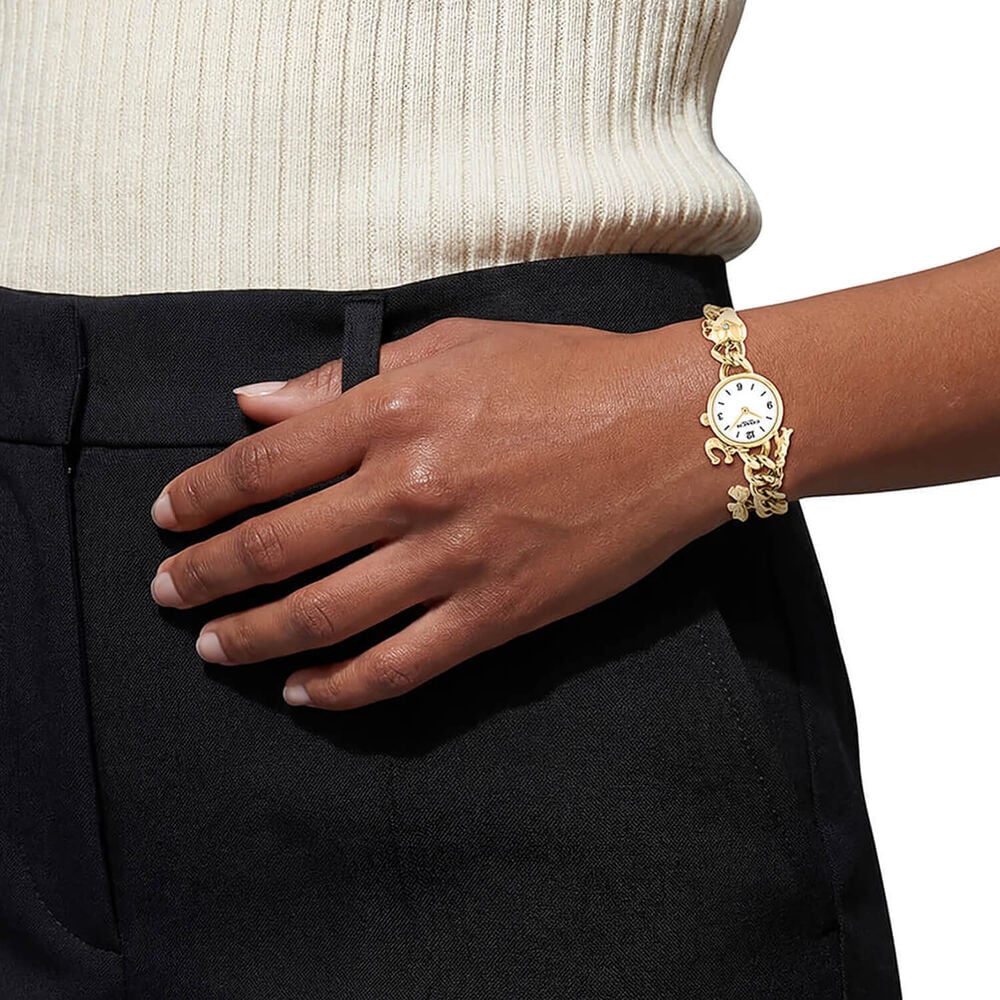 Coach Iris 22mm White Dial Gold Tone Steel Charm Bracelet Watch