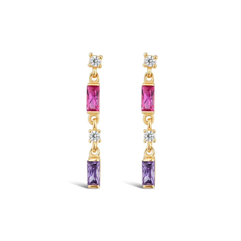 9ct Yellow Gold Four Stone Purple And Pink Drop Earrings