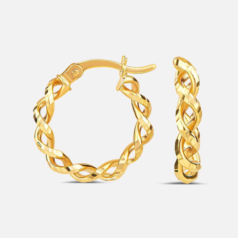 9ct Yellow Gold Diamond Cut Woven Twist Creole Hoop Earrings