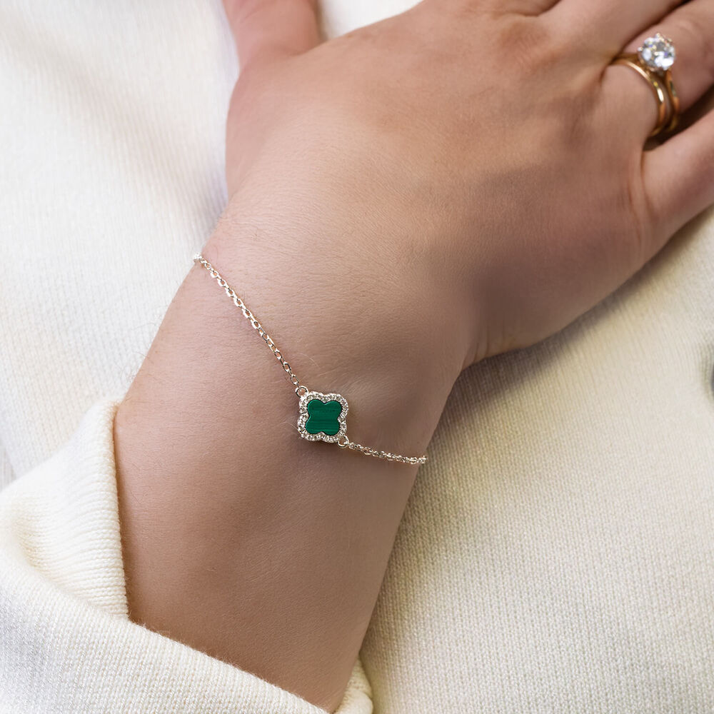 Sterling Silver Malachite & Cubic Zirconia Clover Petal Bracelet image number 4