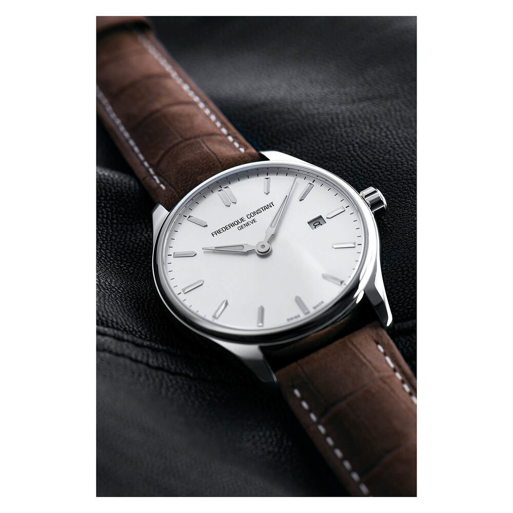 Frederique Constant Index Quartz Silver Dial Steel Case Brown Strap Watch image number 1