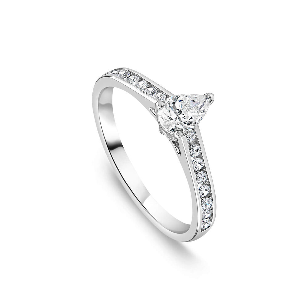 Tulip Setting 18ct White Gold 0.50ct Pear Solitaire & Channel Shoulders Diamond Ring