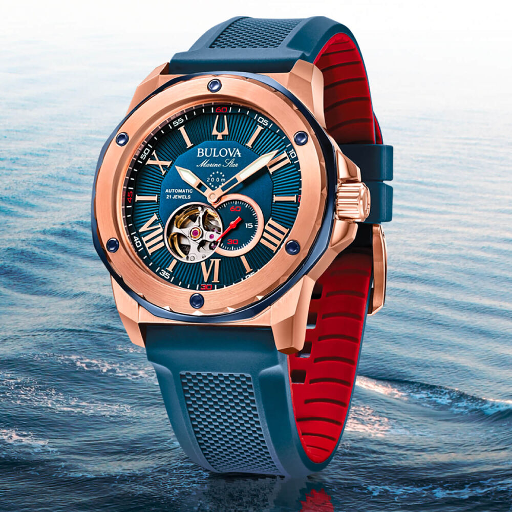 Bulova Marine Star Series A Automatic 45mm Blue Dial Rose Gold Tone Case Silicone Strap Watch image number 6