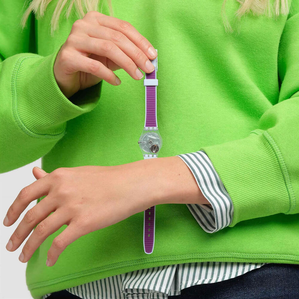 Swatch Powder Plum 25mm Purple Dial Blue Strap Watch image number 5
