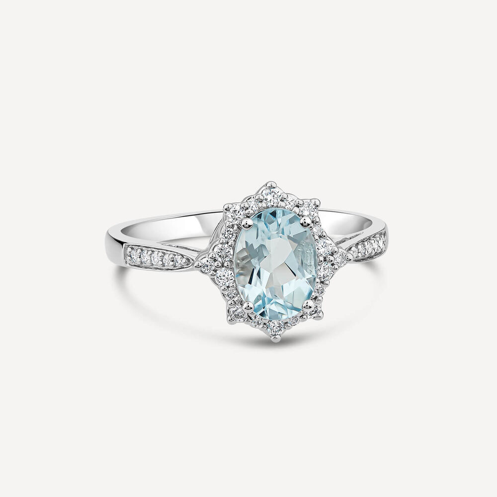 9ct White Gold 0.19ct Oval Aquamarine & Diamond Star Halo Ring image number 2