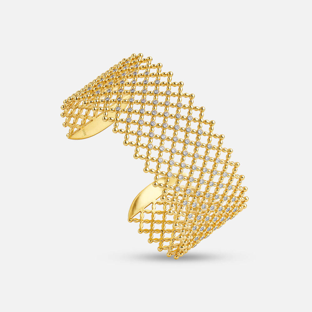 Yellow Gold Plated Sterling Silver Cubic Zirconia Filigree Cuff Bangle