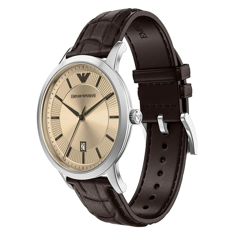 Emporio Armani Renato 43mm Beige Dial Brown Leather Strap Watch