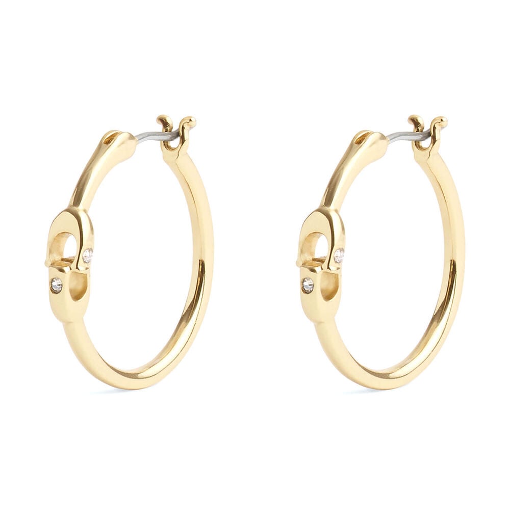 Coach Gold Tone Brass Crystal Signature Hoop Earrings