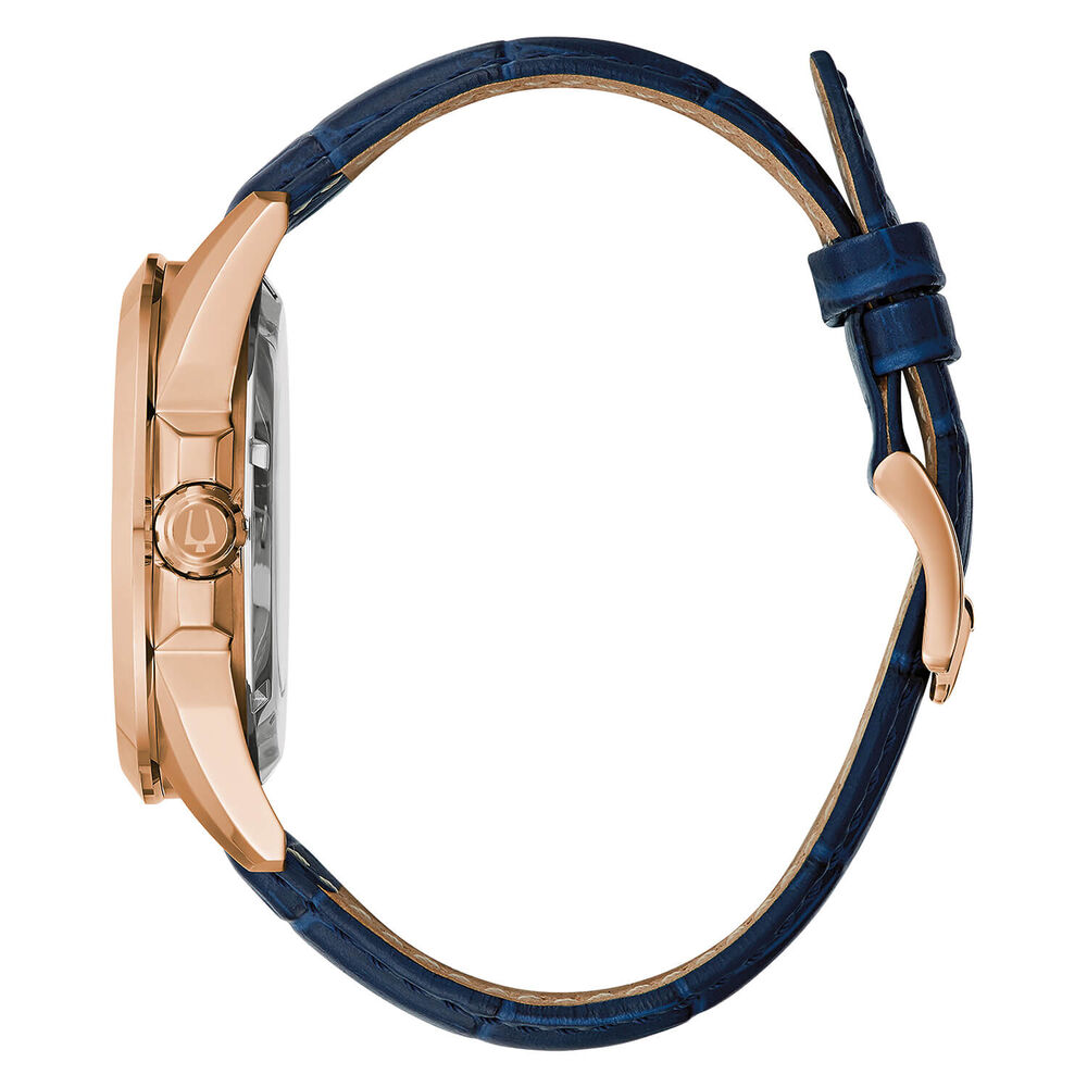 Bulova Maquina 44mm Skeleton Dial Rose Gold PVD Case Blue Strap Watch