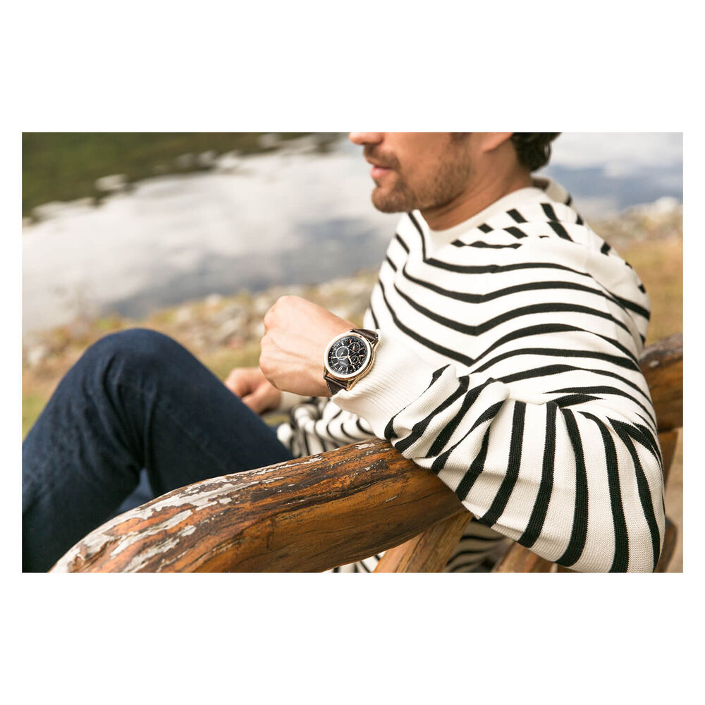 Citizen Eco Drive Calendrier World Time Black & Rose Gold Chronograph Dial Leather Strap Watch image number 3