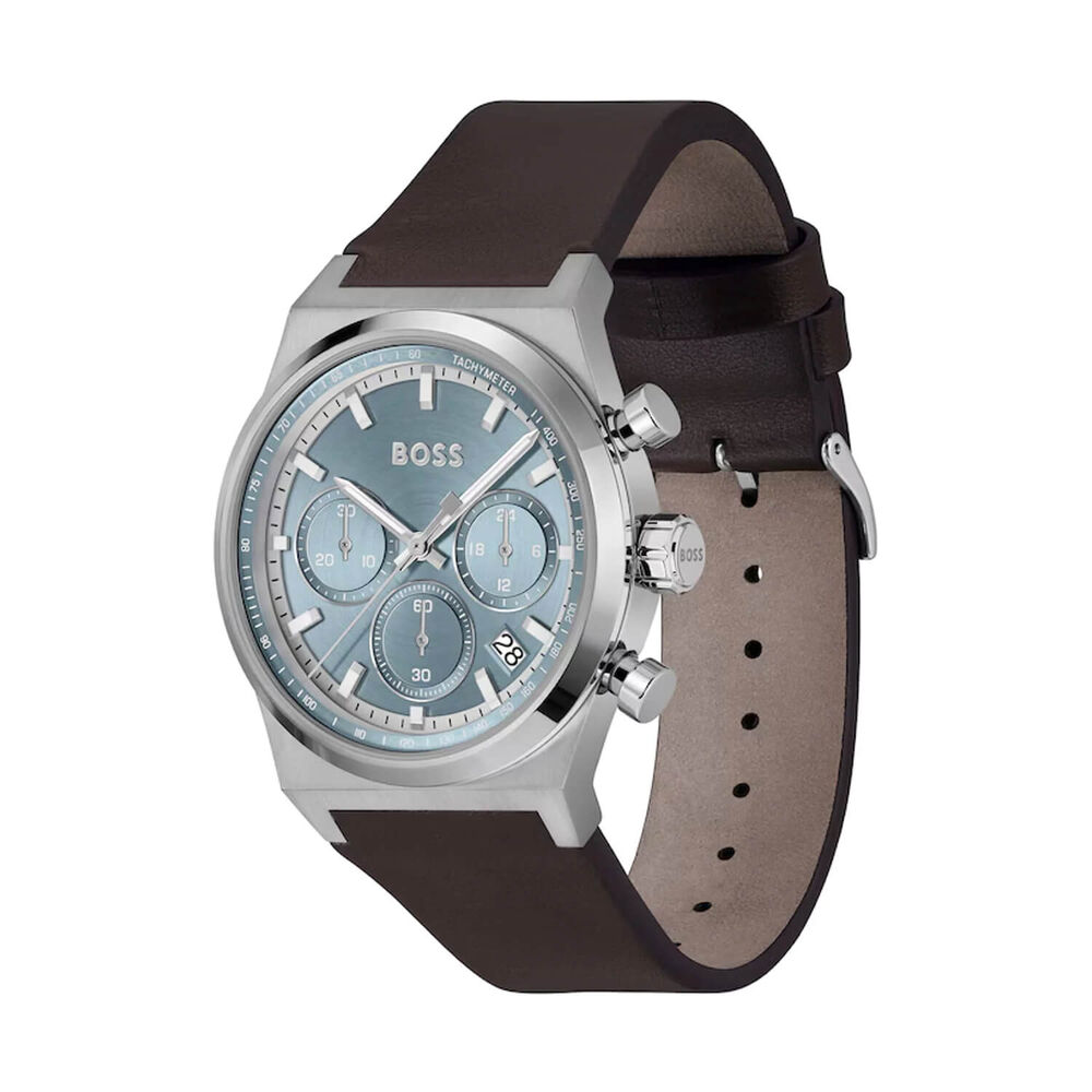 BOSS Candor Chronograph 41mm Ice Blue Dial Brown Leather Strap Watch image number 1