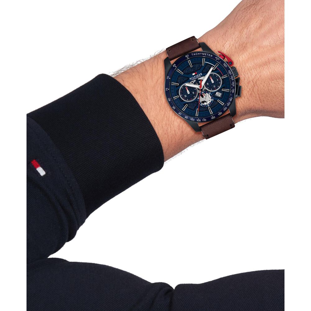 Tommy Hilfiger Bank 44mm Blue Dial & Bezel Brown Leather Strap Watch image number 3