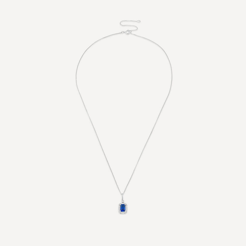 9ct White Gold Rectangular Created Tanzanite & Diamond Cluster Bale Pendant image number 2