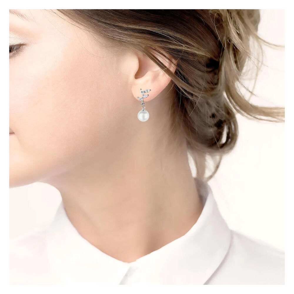 Sterling Silver Marquise Cubic Zirconia Pearl Drop Earrings image number 2