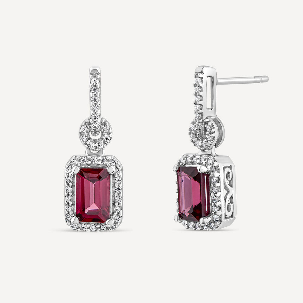 9ct White Gold Rectangular Rhodolite Garnet & 0.10ct Diamond Halo Drop Earrings