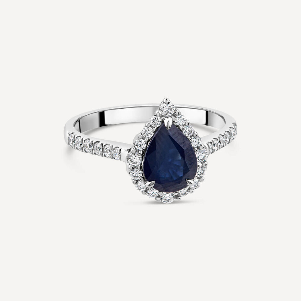 18ct White Gold Pear Sapphire Centre 0.33ct Diamond Halo & Shoulders Ring image number 2