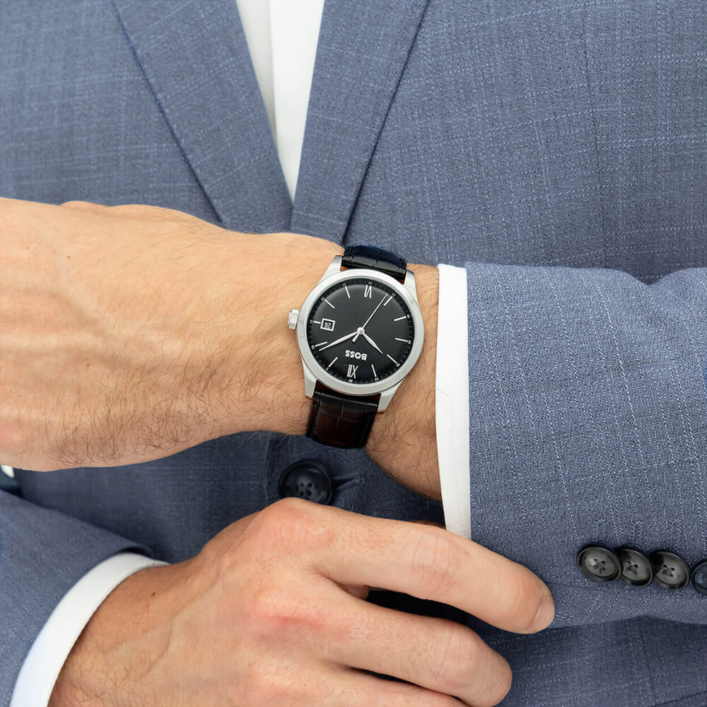 BOSS Langford 39mm Black Dial Leather Strap Watch