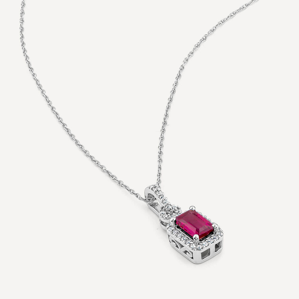 9ct White Gold Rectangular Rhodolite Garnet & 0.10ct Diamond Halo Pendant image number 3